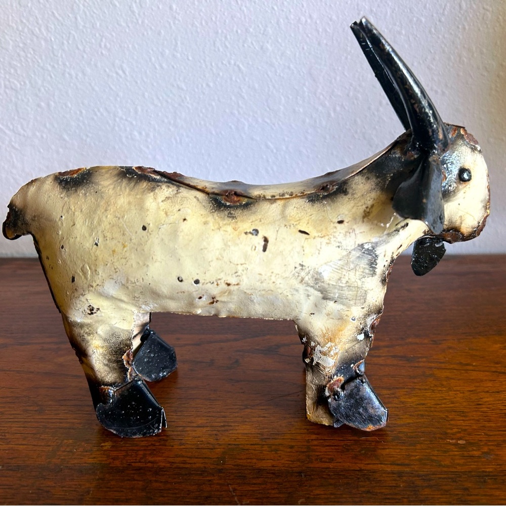 Metal Goat Figurine Decorative Accent in Cream and Black